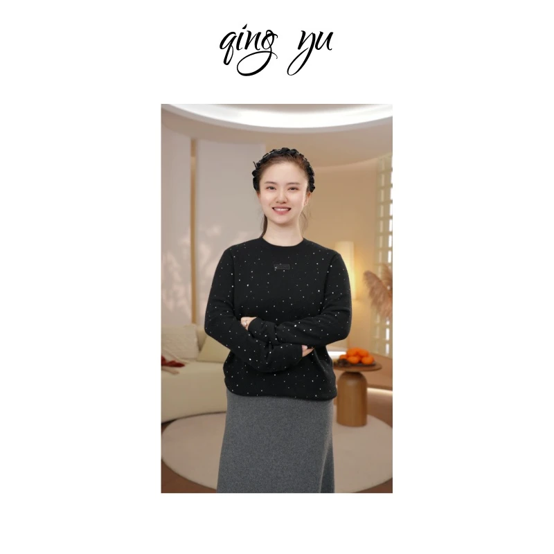 【非遗纯手绘】100纯山羊绒圆领波点宽松针织打底衫上衣女