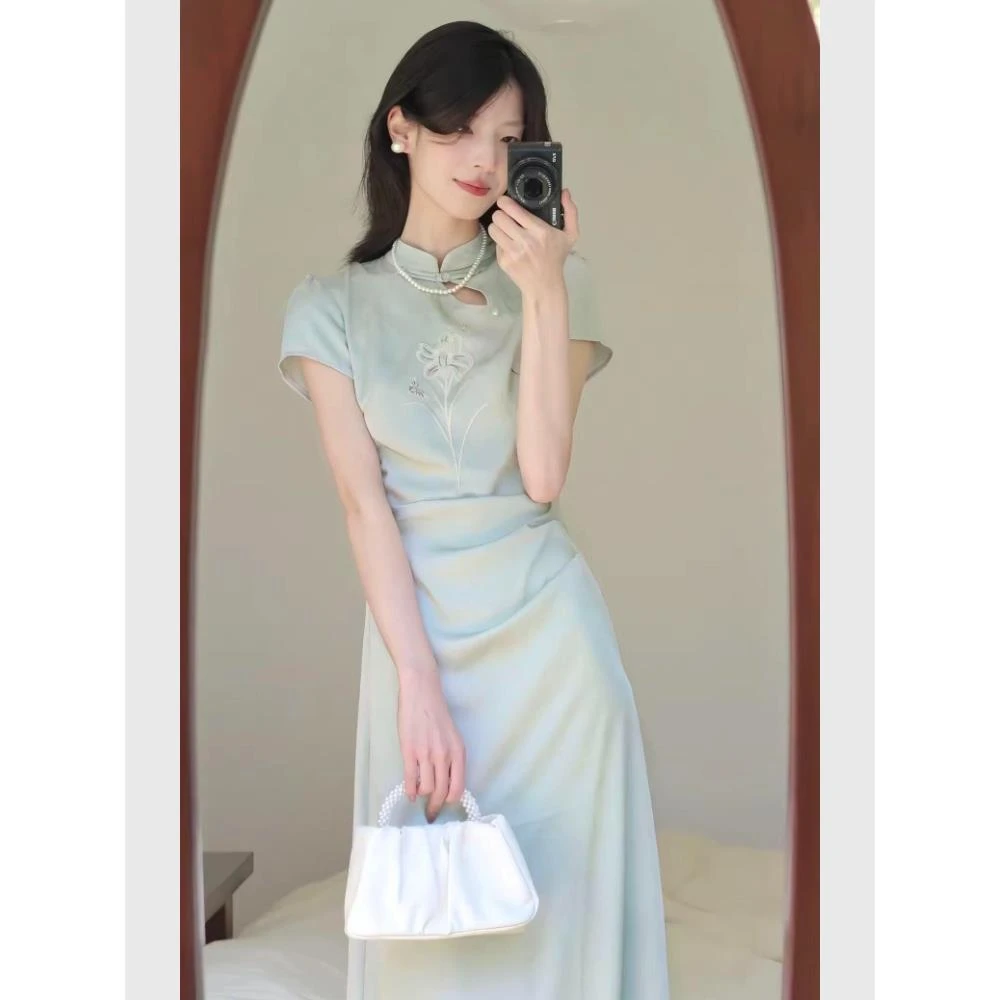 新中式女装蓝色镂空盘扣印花掐腰旗袍夏季小个子巨好看国风连衣裙