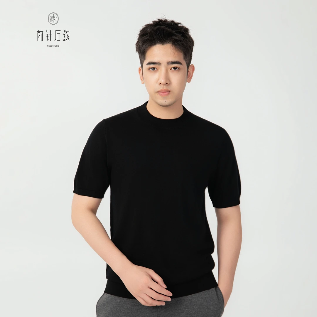 【可机洗】100%纯羊绒衫男士半高领短袖t恤男装男款秋冬保暖百搭