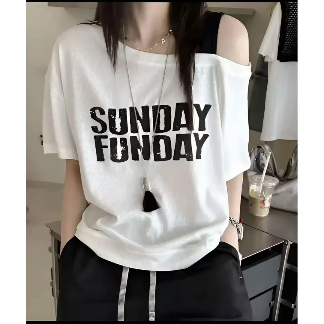 7541GY韩版设计感显瘦撞色斜左领露肩字母印花短袖T恤Z