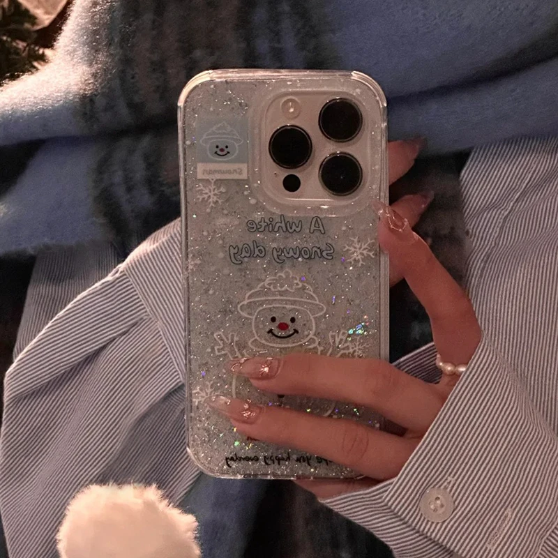 雅天立闪粉雪花雪人适用iPhone16promax苹果13/15滴胶手机壳14女