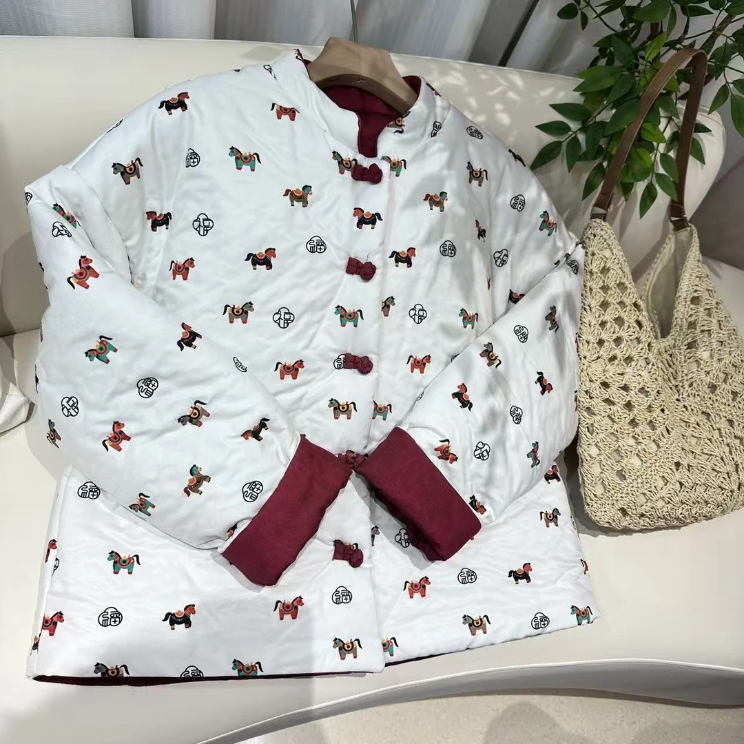 【青舍麻衣】2025秋冬新款新小马中式风印花盘扣长袖气质国风上衣