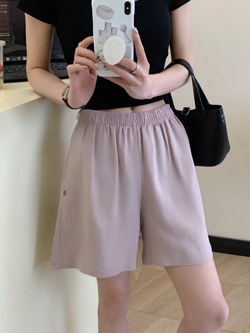 9967【2025夏季新品】亚麻透气高腰休闲百搭宽松纯色短裤