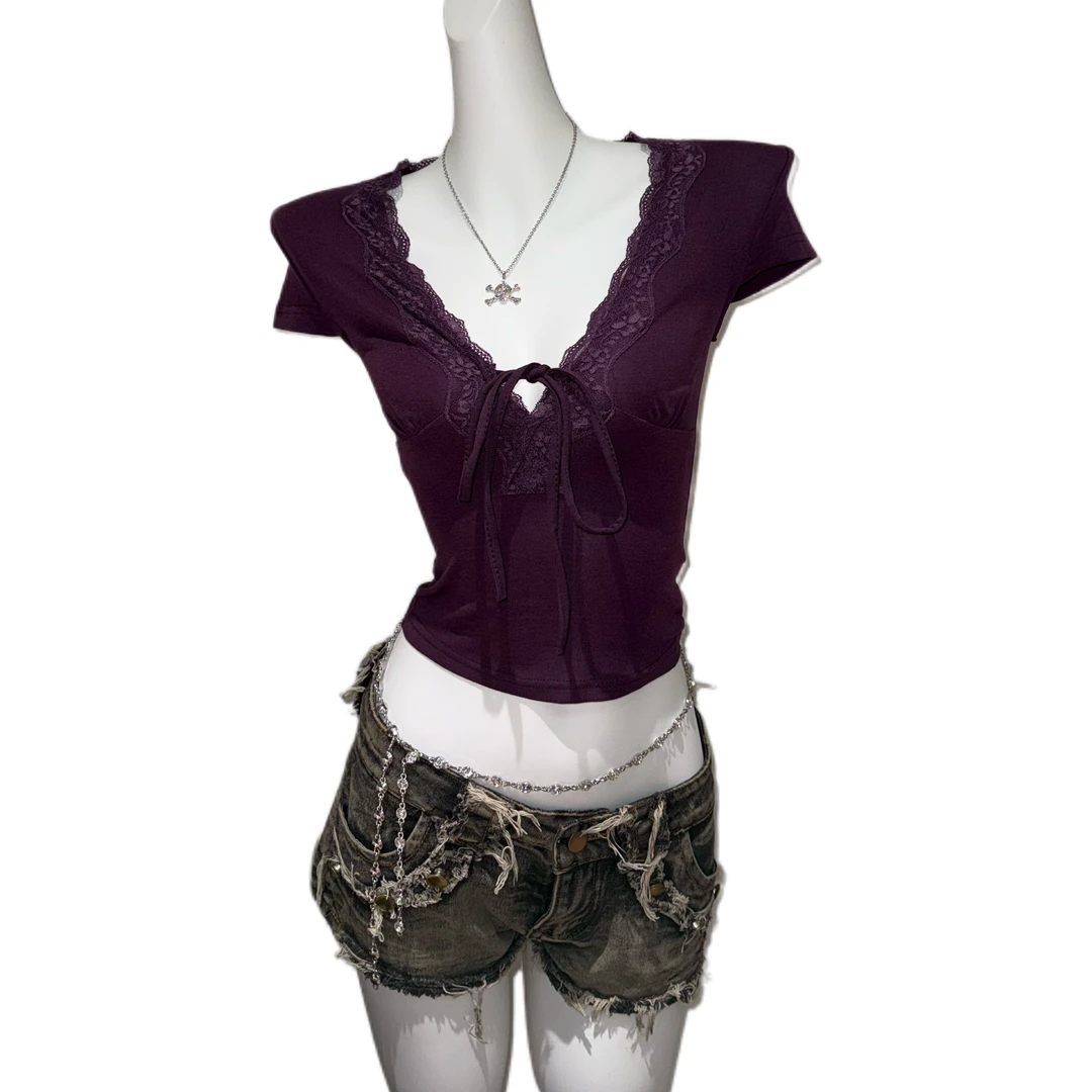 【市市推荐】新款纯色短袖蕾丝常规V领系带拼接T恤A7425