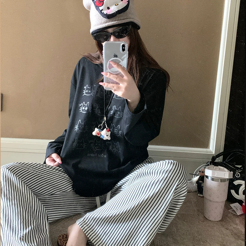 睡衣女春秋款纯棉可爱卡通秋冬季长袖长裤学生宽松休闲家居服套装