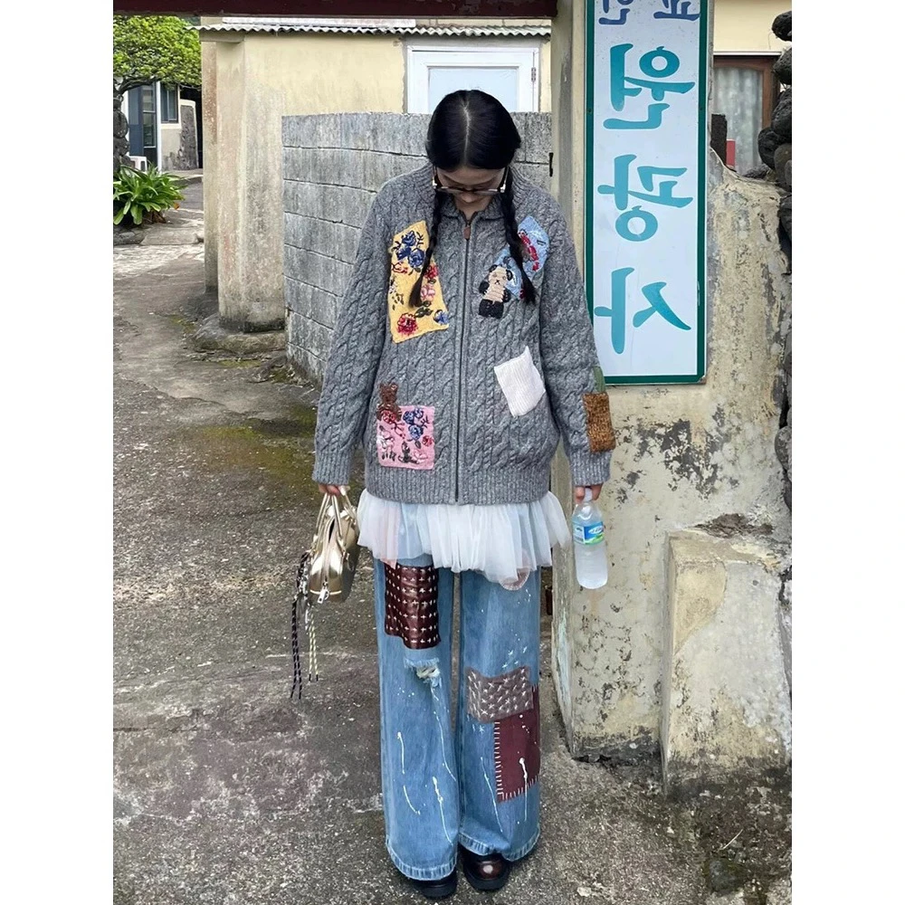 【奇迹童话】奶奶毛衫艺术感复古贴布开衫女 纯手工钩绣D1562