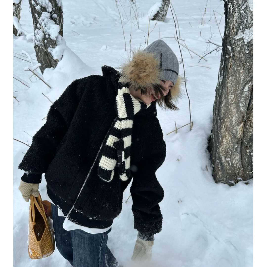 【NO退NO换】Our2【松弛黑毛毛】秋冬保暖黑色连帽外套【X5113】