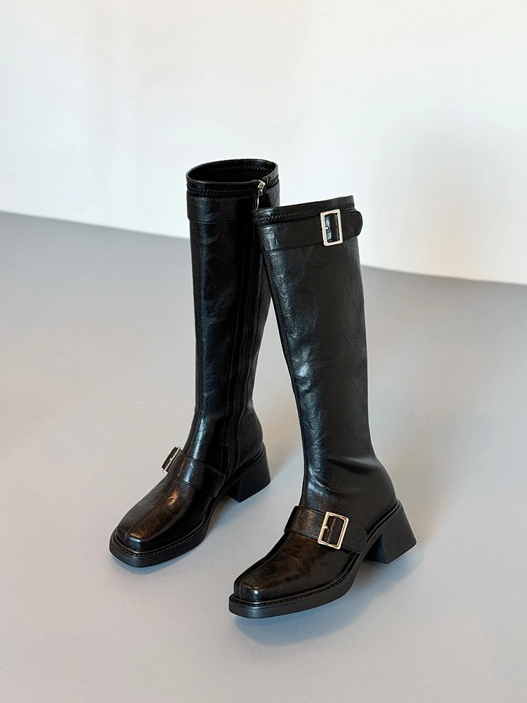升级版~长筒靴女秋冬加绒皮带扣方头不过膝高筒长靴瘦瘦骑士靴子