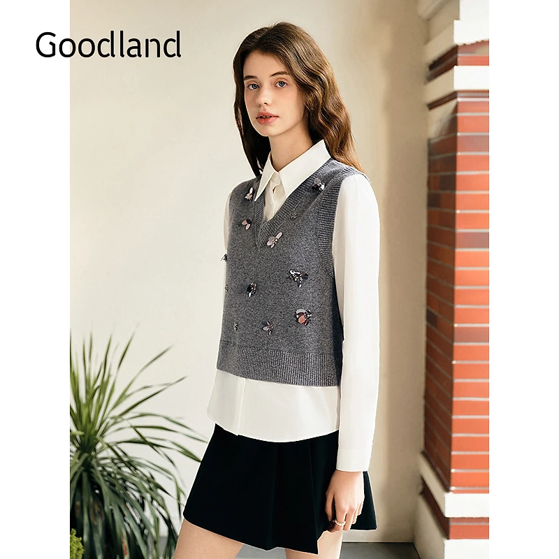 Goodland美地2025春季新款法式优雅羊毛珠片撞色假两件毛针织衫