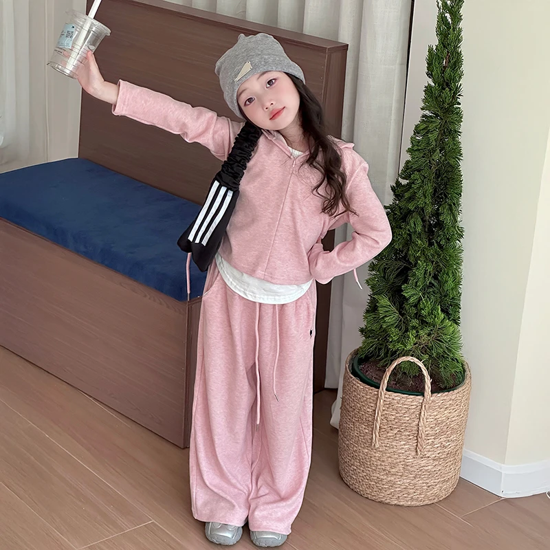 儿童套装2025新款小女孩春秋韩系假两件上衣女童休闲阔腿裤两件套