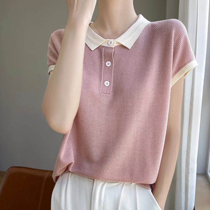 会呼吸的面料~莱赛尔天丝针织衫POLO领撞色女条纹气质拼色