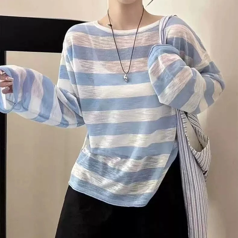 老钱风松弛感女装贵气K韩系ins风撞色条纹后背交叉露背防晒衫女夏