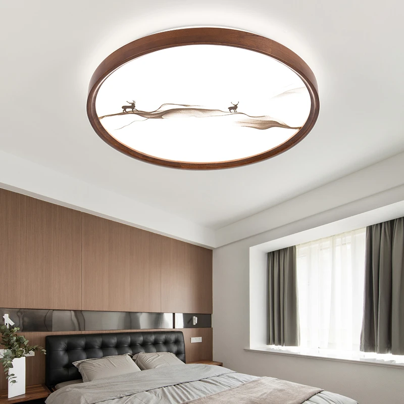 新中式房间卧室灯实木圆形山水禅意中国风吸顶灯