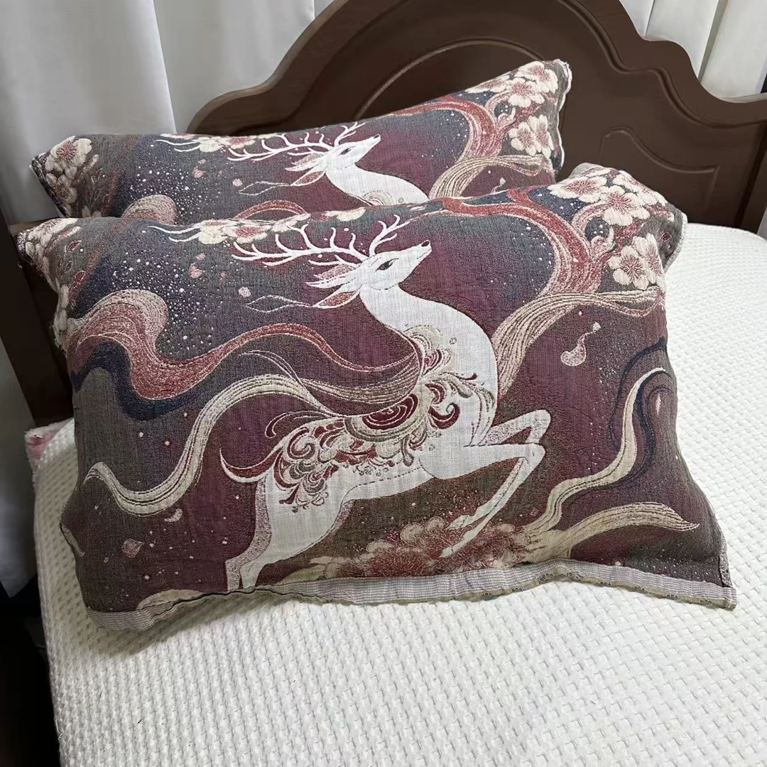 敦煌九色鹿-敦煌红昆仑山火麻高定枕巾50*80cm（两条装）