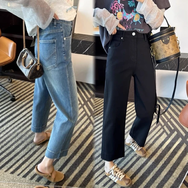 神裤系列~！蓝色百搭九分直筒牛仔裤女早秋弹力显瘦高腰窄版阔腿裤