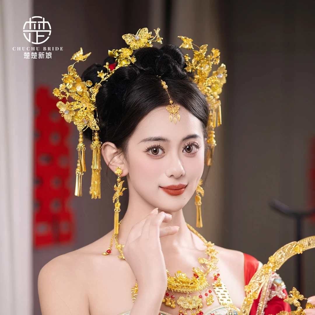 金色步摇发簪耳夹新娘头饰新中式秀禾旗袍龙凤褂汉服发饰简约