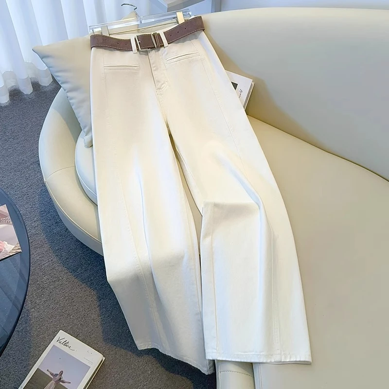 新款白色牛仔裤女休闲直筒阔腿裤显瘦高腰弹力棉氨混纺裤子春秋装