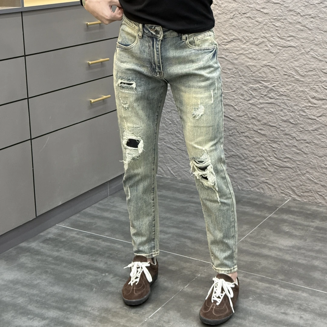 2025春季新款时尚休闲百搭假破洞复古男士小脚牛仔裤XZ02
