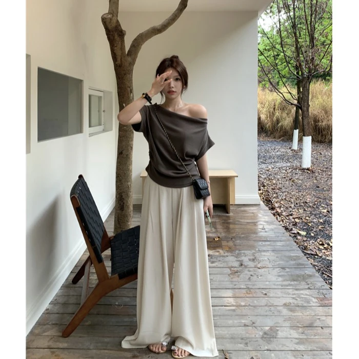 设计感收腰褶皱斜肩T恤女夏季垂感宽松阔腿裤拖地长裤休闲两件套