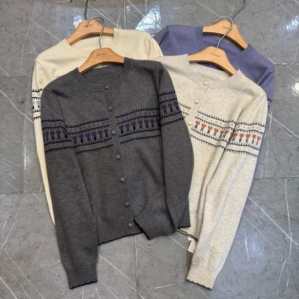 【墨涵精选】韩版小精致提花气质百搭针织衫1383