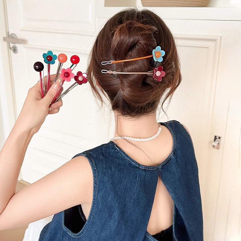 温柔甜美糖果色花朵一字夹少女盘发夹青蛙扣高级感后脑勺韩国发饰