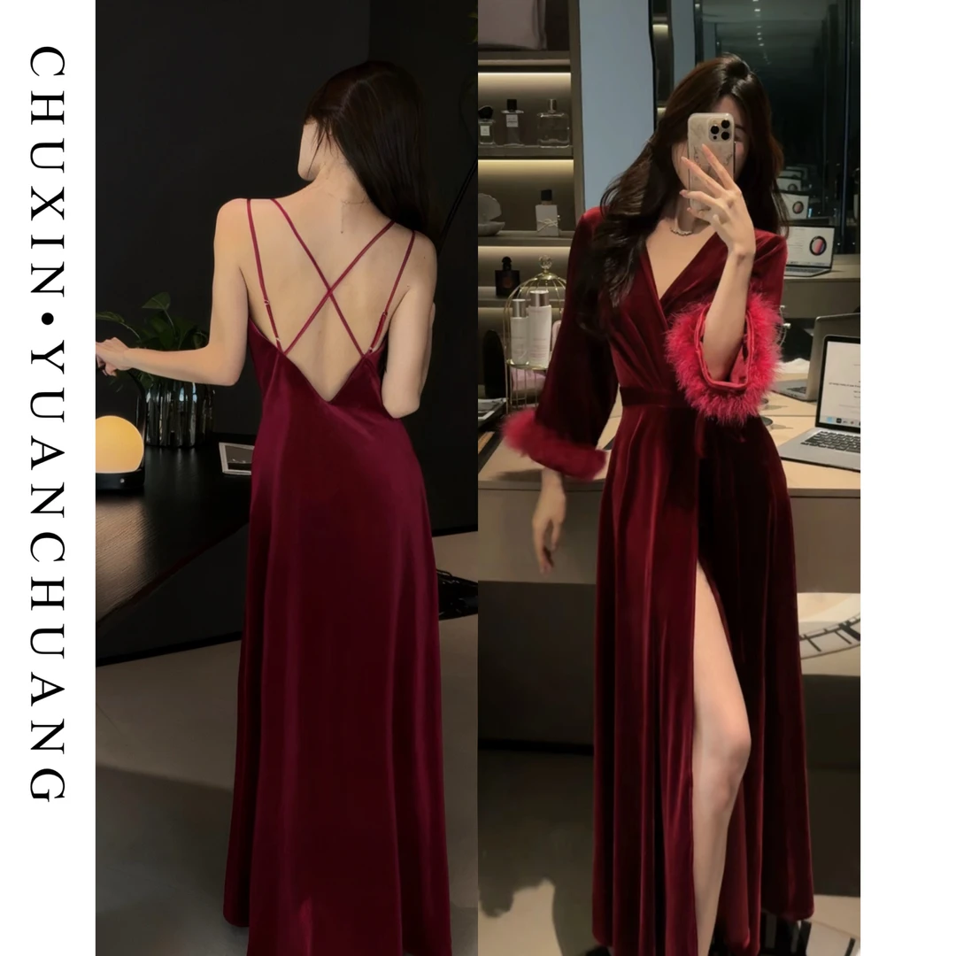 【胭脂Rose】 秋冬法式加绒睡袍吊带女性感纯欲高级新款成熟贵妇