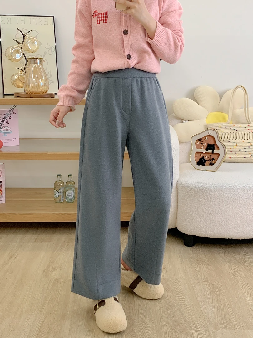 灰色直筒毛呢休闲裤女秋冬新款加绒胖mm梨型身材宽松显瘦九分裤子