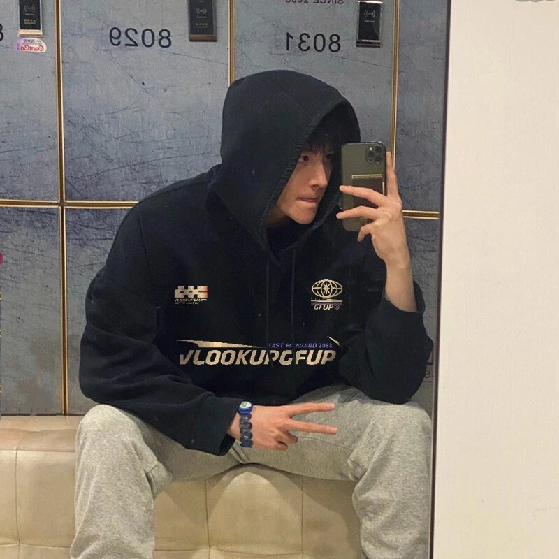 美式高街潮牌字母印花连帽卫衣男新款潮流宽松情侣上衣加绒外套