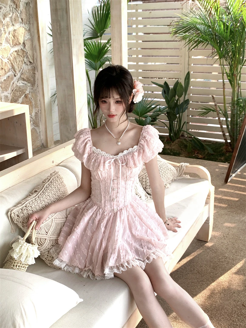 越韩小鱼 蜜桃乌龙 甜美法式粉色泡泡袖连衣裙在逃公主蓬蓬裙女