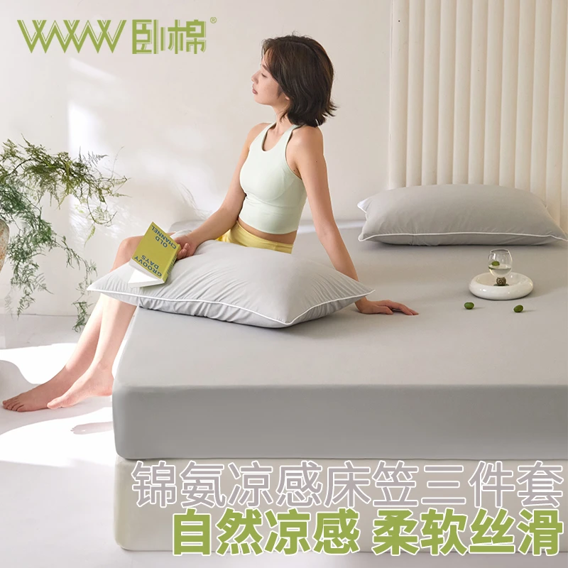WWW纯色A类夏季凉感锦氨冰皮机洗床笠三件套家用床垫保护套D0043