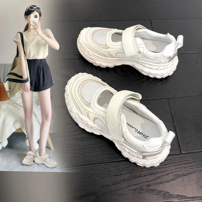 【直播间同价】ZHR老爹鞋女2025新款夏季网面透气榴莲底魔术贴凉鞋