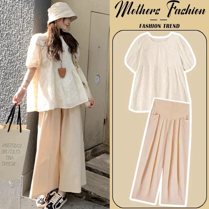 孕妇套装夏季2025新款慵懒风宽松娃娃衫薄款短袖上衣阔腿裤两件套