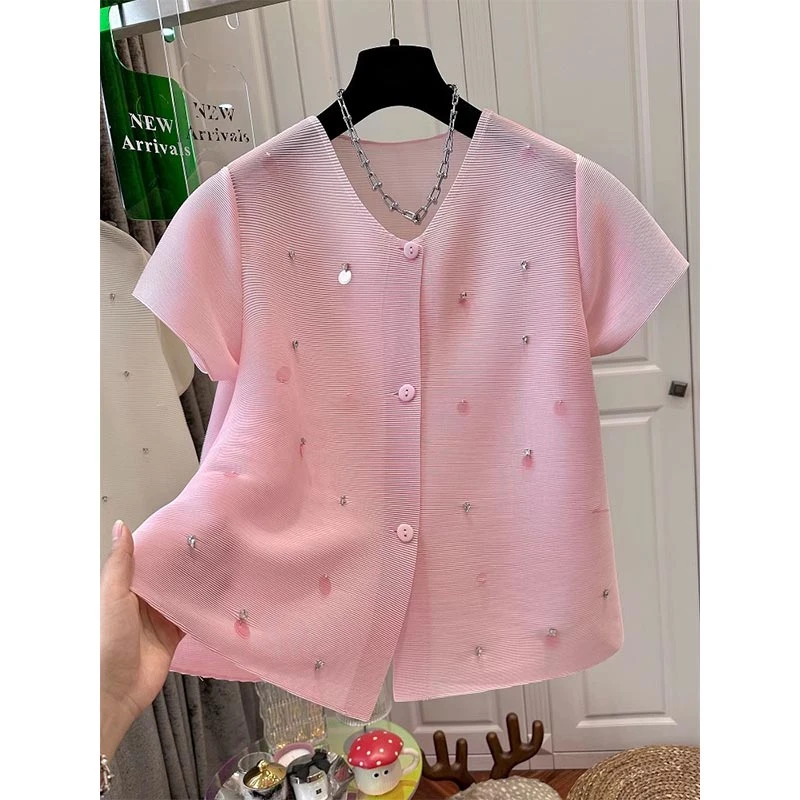 设计感小众镶钻亮片压褶短袖T恤女2025夏季新款洋气时尚开衫上衣