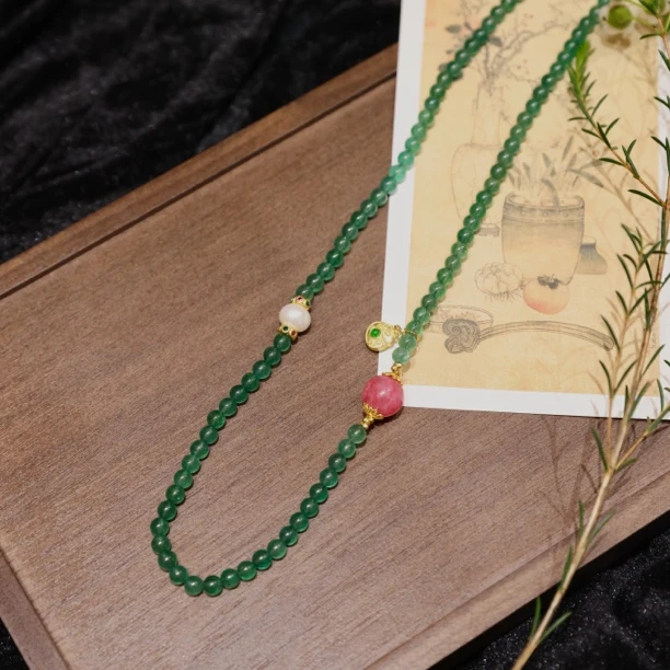 925银银制品 晚星·银镶圆珠珠项链SY手工时尚气质绿色女士百搭