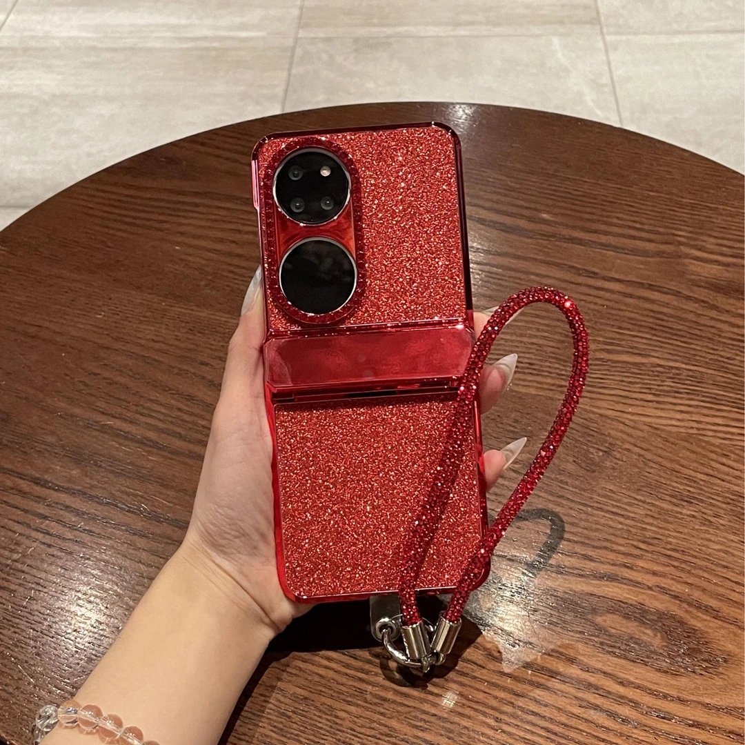 适用华为pocket2手机壳新款过年款novaFlip粉钻闪钻手链折叠屏