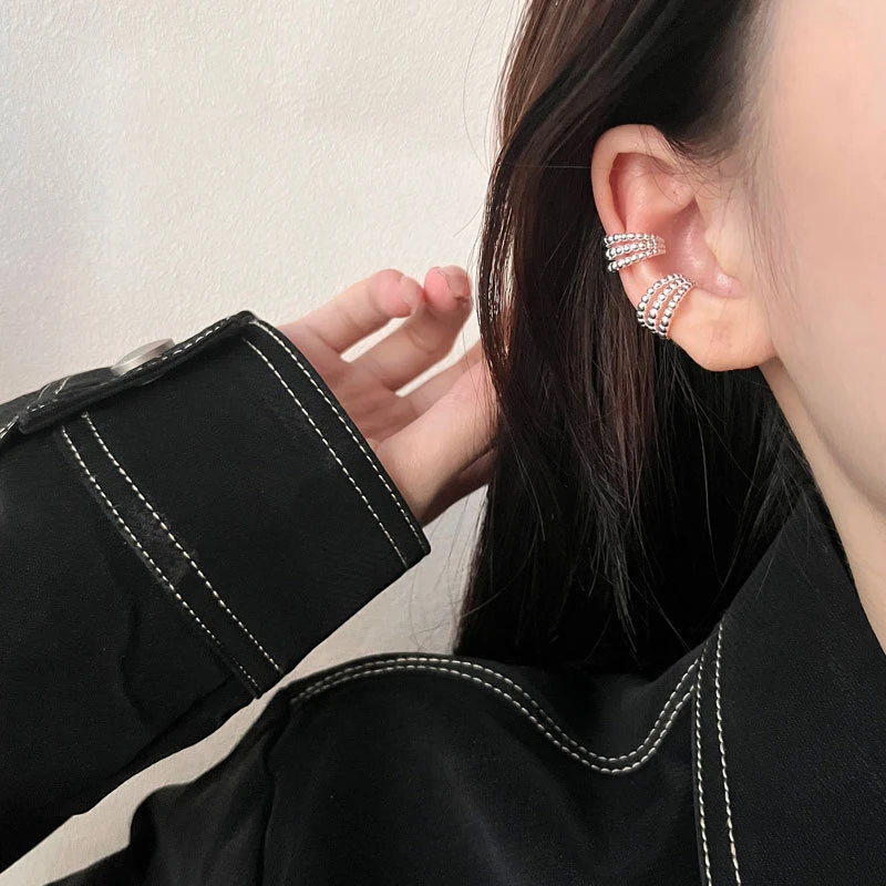 925银耳饰 （单只）韩版ins风简约个性三层圆珠耳骨夹女耳饰无耳洞