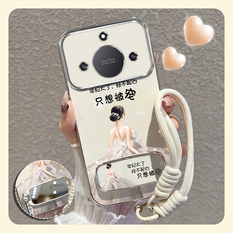 适用荣耀x60手机壳被宠女孩折叠镜子支架硅胶软壳女款时尚套潮牌