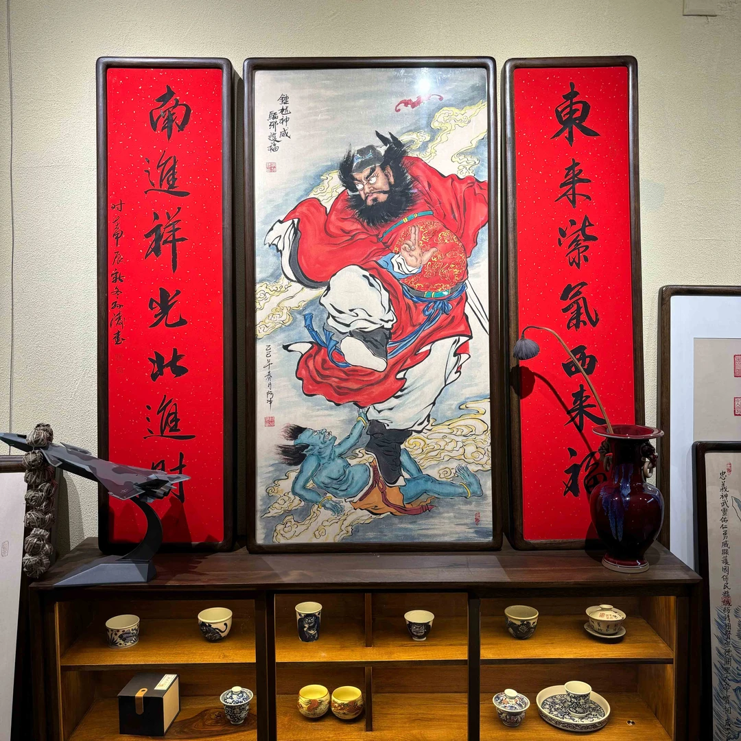 钟馗图精品老师手绘作品94*49cm实木框装裱玄关茶室办公室装饰画