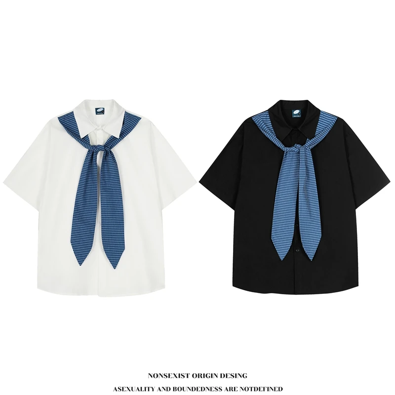 NONSEXIST 原创国潮学院风披肩假两件衬衫短袖慵懒风宽松情侣衬衣