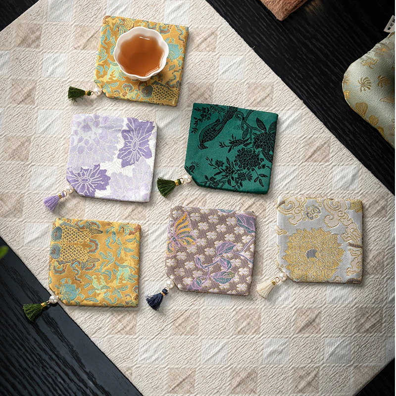 赞朴织锦流苏四方杯垫中式隔热垫茶托茶杯垫防水布艺家用茶道配件