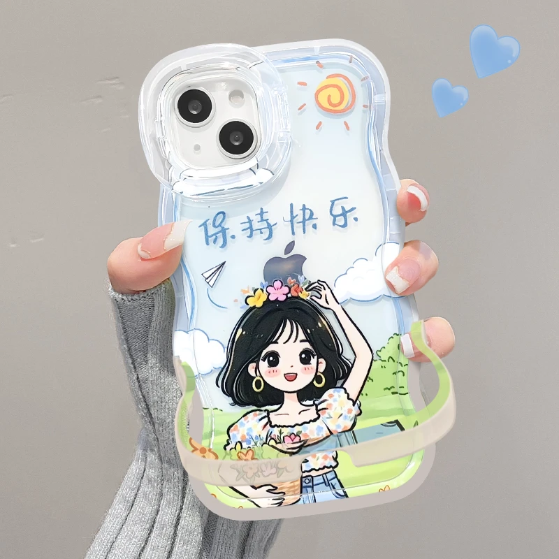 治愈女孩适用苹果15华为oppo/vivo小米iPhone16板凳双支架手机壳