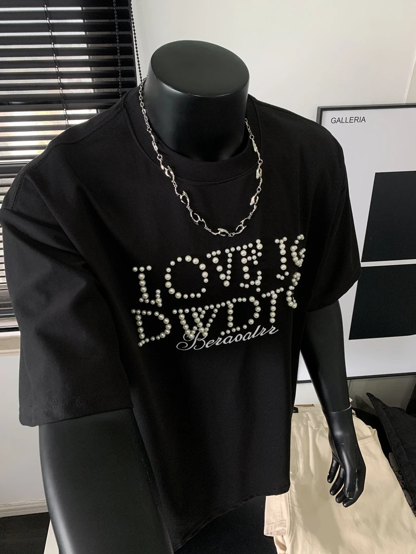 珍珠钉珠重磅圆领宽松短袖t恤男女情侣上衣夏季美式纯棉黑色半袖