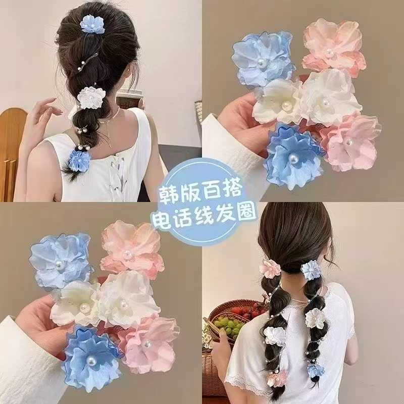 温柔风花朵电话线发圈女2025新款小清新气质头绳高弹力不伤发发绳