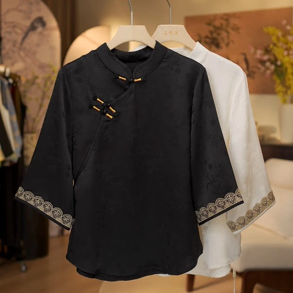 青竹 暗纹织花透气百搭T恤9957