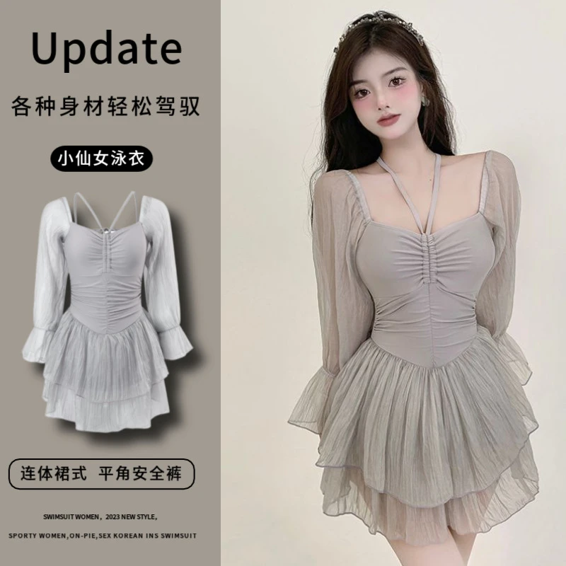 连体泳衣女长袖保守设计显瘦遮肚微胖女孩温泉穿搭气质小个子性感