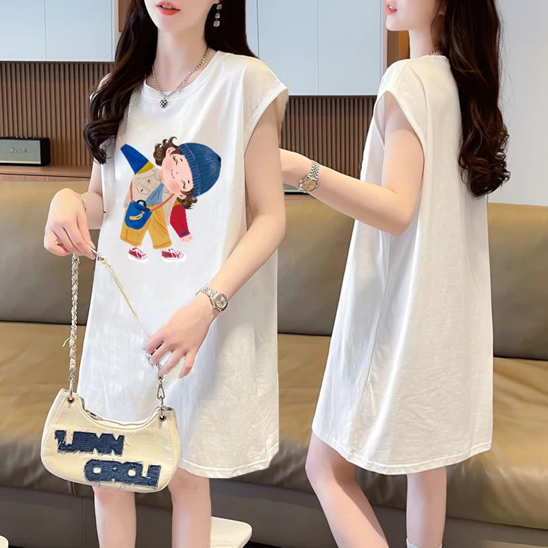 大码女装中长款卡通无袖T恤女夏季新款韩版宽松百搭外穿背心上衣