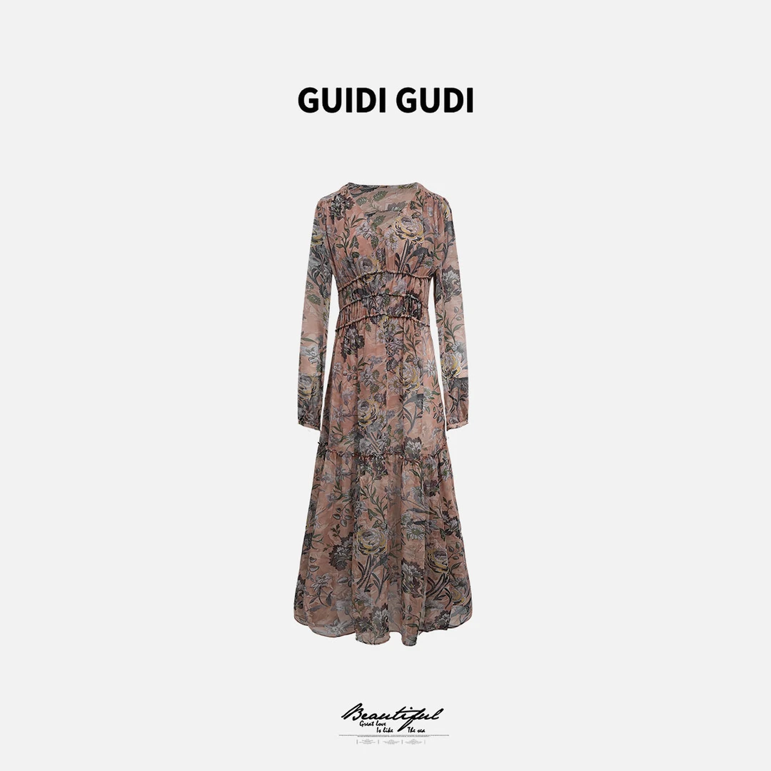 GUIDI GUDI【全世界快乐】黄加蓝重工碎花长袖连衣裙 L9511378H
