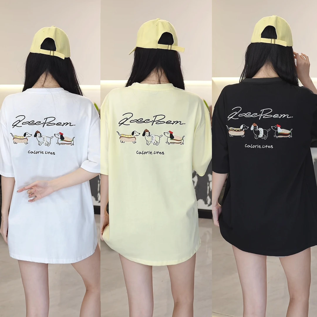 Rosepoem夏季宽松重磅美式百搭纯棉腊肠狗前后刺绣短袖T恤男女款