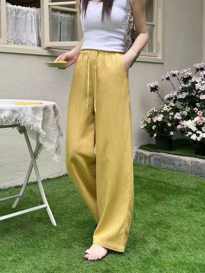 芭莎夏新款时尚百搭亚麻休闲阔腿直筒裤