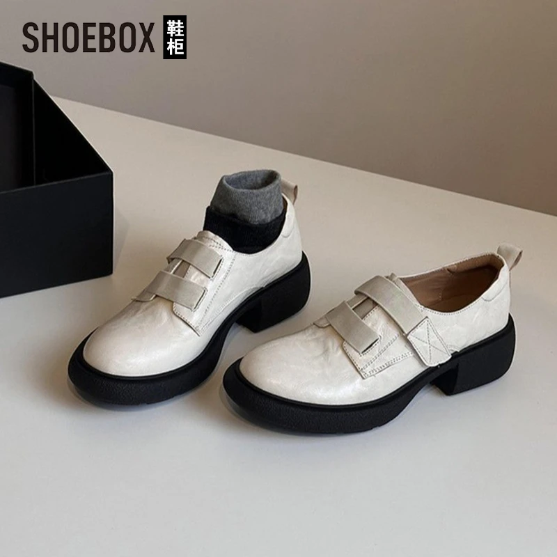SH0EBOX鞋柜英伦风粗跟乐福鞋女一脚蹬小皮鞋复古百搭浅口单鞋
